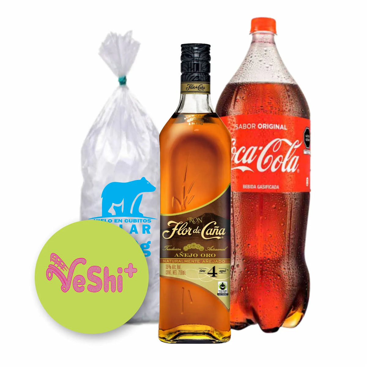 Combo Ron FLOR DE CAÑA 4AÑOS 750mL + C.COLA 2.25L + HIELO 900g