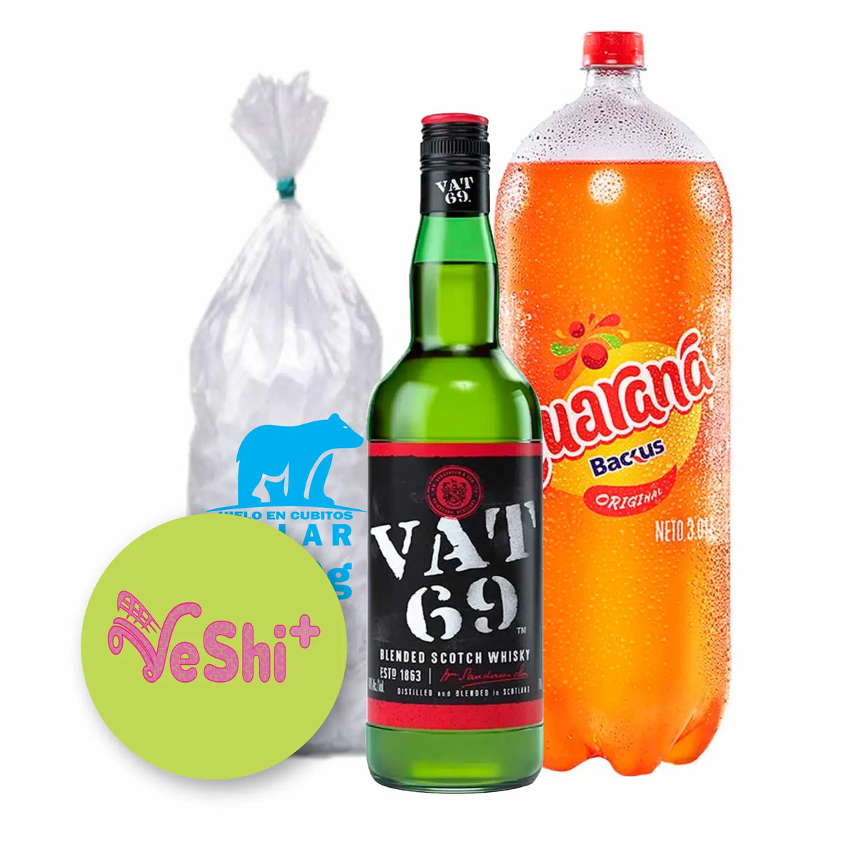 Combo Whisky VAT69 700mL + GUARANA 3L+ Hielo 900g