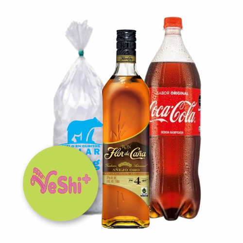 Combo Ron FLOR DE CAÑA 4AÑOS 750mL + C. COLA 1.5L + HIELO 900g