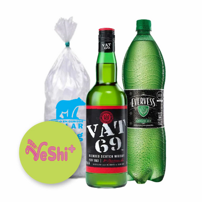 Combo Whisky VAT69 700mL + EVERVESS 1.5L + Hielo 900g