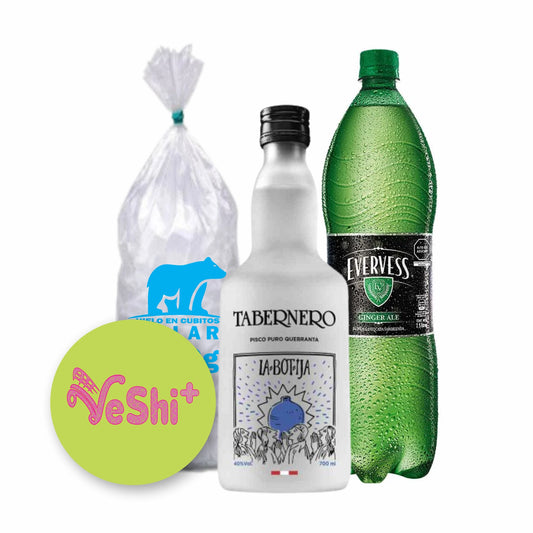 Combo Pisco TABERNERO LA BOTIJA 700mL + EVERVESS 1.5L + Hielo C.