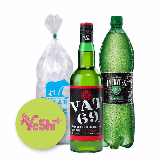 Combo Whisky VAT69 700mL + EVERVESS 1.5L + Hielo 900g